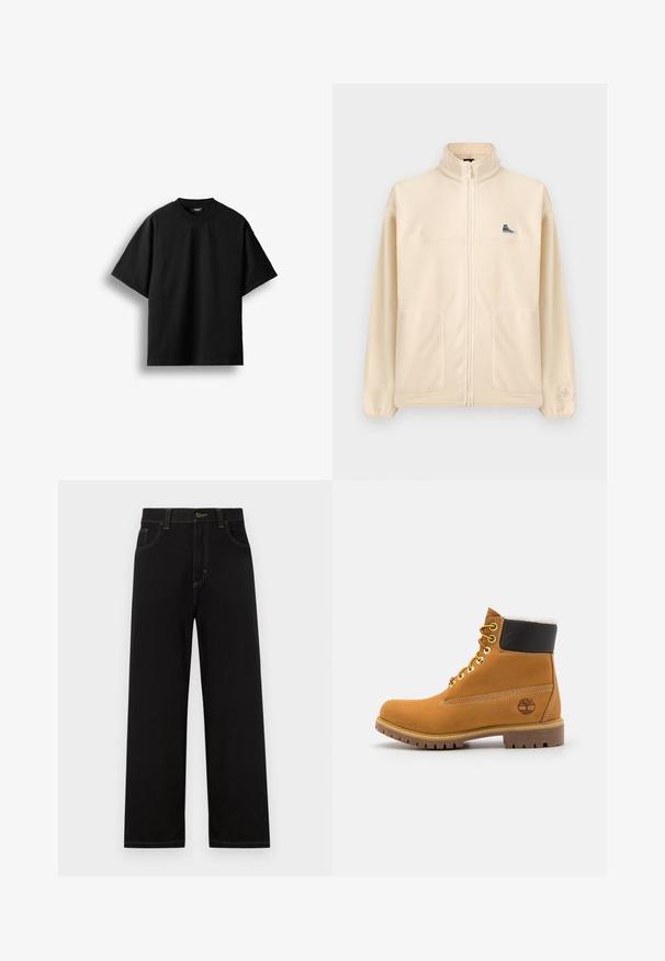 Beige Fleecejacke mit Reißverschluss, hohem Kragen, zwei Fronttaschen, kleinem schwarzen Sneaker-Patch auf der Brust und dezentem Converse-Logo am linken Ärmel.; Schwarzes T-Shirt mit kurzen Ärmeln und Rundhalsausschnitt, flach auf weißem Hintergrund mit sichtbarem kleinem Nackenlabel dargestellt.; Schwarze Jeans mit geradem Schnitt, ausgestattet mit Fronttaschen, kontrastierenden gelben Nähten und einem Knopfverschluss an der Taille.; Braune Leder-Ankle-Boots mit Metallösen, weißem Kunstfellfutter, schwarzem gepolstertem Kragen, robustem Sohlenprofil und geprägtem Logo an der Seite.