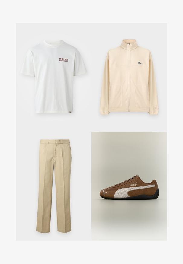 Beige fleecejakke med lynlås, høj krave, to forlommer, lille sort sneakerspatch på brystet og diskret Converse-logo på venstre ærme.; Hvid bomulds t-shirt med korte ærmer, rund halsudskæring og et rødt logo på venstre brystområde. Enkelt design uden mønstre.; Beige bukser med lige ben, bæltestropper, forreste læg og sidelommer på en ensfarvet baggrund.; Brun ruskindsneaker med hvide accenter og tekstureret design. Har en sort gummisål og et fremtrædende Puma-logo på siden.