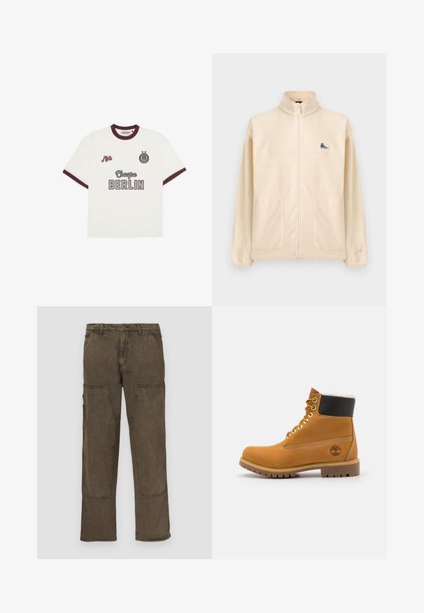 Beige fleecevest met ritssluiting, hoge kraag, twee voorzakken, een klein zwart sneakerpatch op de borst en een subtiel Converse-logo op de linkermouw.; Witte T-shirt met korte mouwen en bordeauxrode afwerking, "Escape BERLIN" tekst op de voorkant in het midden, "Mitte" op de linkerborst en een cirkelvormig embleem met twee sterren op de rechterborst.; Cargo broek in donkerbruine stof, met meerdere zakken, rechte pijp, verstevigde stukken en stikdetails.; Bruine leren enkellaars met metalen oogjes, witte faux bont voering, zwarte gewatteerde kraag, robuuste zool en een reliëflogo aan de zijkant.