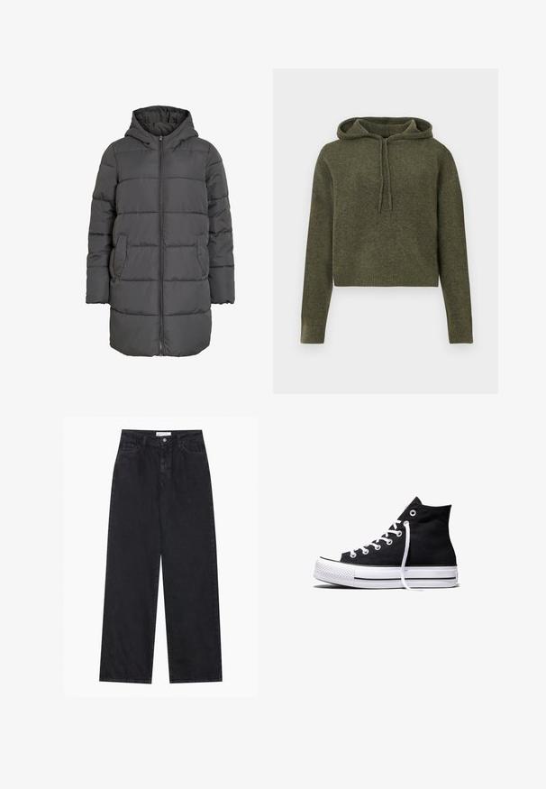 Graue Steppjacke mit Kapuze, Frontreißverschluss, horizontalem Steppmuster, zwei seitlichen Taschen und mittlerer Länge.; Gekürzte, olivgrüne Kapuzenjacke aus strukturiertem Stoff. Verfügt über eine verstellbare Kapuze sowie gerippte Bündchen und Saum. Lange Ärmel, einfaches Design.; Schwarze hoch geschnittene, weit geschnittene Jeans aus Denim mit Vorderknopf- und Reißverschluss, Gürtelschlaufen und fünf Taschen.; Schwarzer High-Top-Canvas-Sneaker mit weißer Gummisohle und weißen Schnürsenkeln, seitlich dargestellt vor weißem Hintergrund.