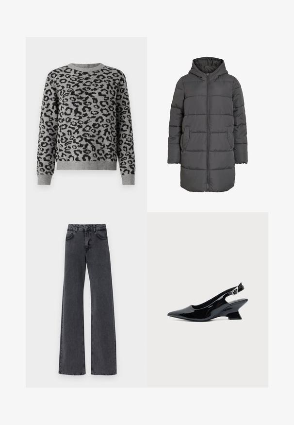 Grå, hættebeklædt dunjakke med lynlås foran, vandret syning, to sidelommer og en mellemlang pasform.; Grå sweater med et sort leopardprintmønster. Har en rund hals og ribbestrikkede manchetter og kant. Fremstillet af blødt strikkemateriale.; Sorte denim flared jeans med høj talje, der har to forlommer og subtile syninger langs sømmene.; Sort laklæder slingback sko med spids tå og lav vinklet blokhæl på ensartet lys baggrund.