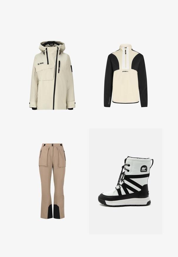 Lys beige vandtæt jakke med lynlås foran, justerbar hætte, flere lommer og sorte accenter ved lynlåse og manchetter.; Quarter-zip trøje i beige og sort, blødt stof, har sorte ærmer og skuldre, hvid lynlås, O’Neill-logo på forsiden.; Beige udendørsbukser med to frontlommer, plisseret design og sorte detaljer ved kanten. Lavet af holdbart, fleksibelt stof.; Hvid vinterstøvle med sorte detaljer, justerbare snørebånd, tyk sål og Sorel mærkelogo på siden mod en ensfarvet baggrund.