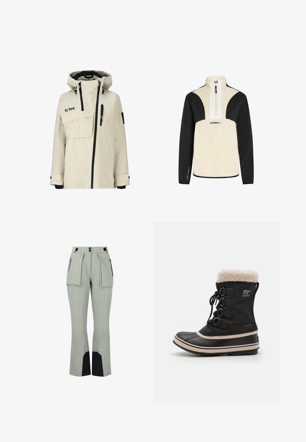 Lichtbeige waterdichte jas met een rits aan de voorkant, verstelbare capuchon, meerdere zakken en zwarte accenten op de ritsen en manchetten.; Quarter-zip pullover in crème en zwart, zacht materiaal, heeft zwarte mouwen en schouders, witte rits, O'Neill-logo aan de voorkant.; Lichtgrijze skibroek met twee voorzakken, geplooid ontwerp en zwarte accenten aan de onderkant. Gemaakt van duurzaam, flexibel materiaal.; Zwarte waterdichte laars met een nepbontkraag, vetersluiting, rubberen zool en een contrasterende beige strook langs de zool. Decoratieve hardwaredetails.