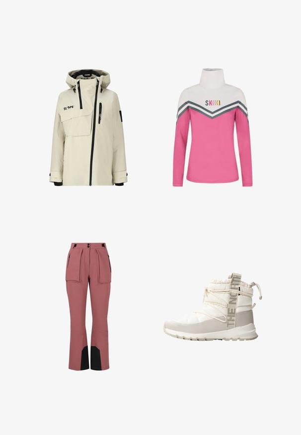 Veste imperméable beige clair avec zip à l'avant, capuche ajustable, plusieurs poches et accents noirs sur les fermetures éclair et les poignets.; Haut à manches longues, col montant en rose avec des rayures en chevrons blanches et grises. Présente le logo de la marque "SKKIK" en rose et or. Fabriqué en tissu doux.; Pantalon de ski rose imperméable, coupe droite, devant plissé, deux poches latérales et accents noirs aux chevilles.; Botte blanche en peluche avec une semelle en caoutchouc grise, des lacets élastiques et une tige en tissu texturé. Elle possède une boucle en tissu avec logo et un col ajustable.