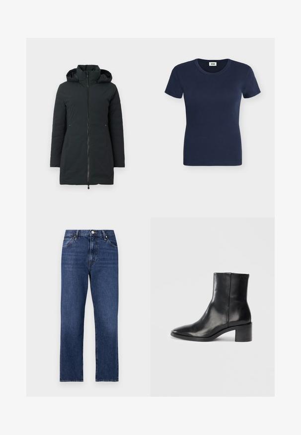 Zwarte winterjas tot de knie met capuchon, vooraan met rits, lange mouwen en twee met rits afsluitbare zijzakken, weergegeven tegen een witte achtergrond.; Marineblauw geribd katoenen T-shirt met korte mouwen, ronde hals en aansluitende pasvorm.; Denim jeans in een donkerblauwe wassing. Rechte pijpen met vijf-pocket stijl, sluiting met een knoop aan de voorkant en contrasterende stiksels.; Zwarte leren enkellaars met een puntige neus, lage blokhak en subtiele reliëflogo. Gladde textuur met een strak ontwerp en minimale stiksels.