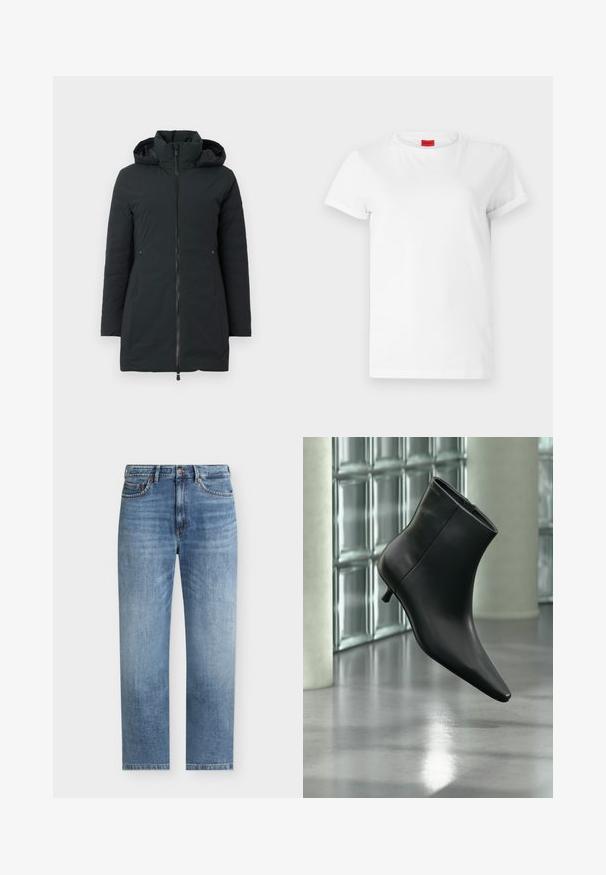 Zwarte winterjas tot de knie met capuchon, vooraan met rits, lange mouwen en twee met rits afsluitbare zijzakken, weergegeven tegen een witte achtergrond.; Witte T-shirt met korte mouwen, gemaakt van lichtgewicht katoen. Heeft een ronde hals en opgerolde mouwen. Rode merketiket op de kraag.; Lichtblauwe recht gesneden spijkerbroek met vijf zakken, knoopsluiting en subtiele vervaagde details aan de voorkant van de dijen.; Zwarte leren enkellaars met spits toelopende neus en lage kittenhak, schuin weergegeven tegen een gepolijste vloer en een glazen blokken muur als achtergrond.
