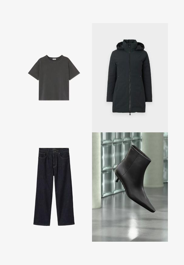 Abrigo de invierno negro hasta la rodilla con capucha, cierre frontal, mangas largas y dos bolsillos laterales con cremallera, exhibido sobre un fondo blanco.; Camiseta de manga corta color gris carbón con cuello redondo, dobladillo recto y costuras visibles en las mangas y el cuello.; Vaqueros de pierna ancha en índigo oscuro con cierre frontal de botón y cremallera, trabillas para cinturón y bolsillos delanteros, mostrados sobre un fondo blanco.; Bota de cuero negro para el tobillo con puntera puntiaguda y tacón pequeño, exhibida frente a una pared de bloques de vidrio y un suelo pulido.