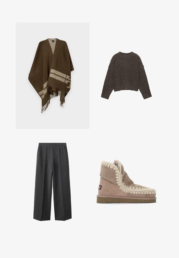 Brun uld poncho med V-hals, med et lys beige stribet mønster og frynset kant. Blød tekstur, åben design for nemt slid.; Brun, kort trøje med struktureret strikkedesign, brede ærmer og ribbet halsudskæring, med en afslappet pasform.; Bukser med vide ben i mørkegråt stof, der har en skræddersyet frontplis, sidelommer og elastisk talje for komfort.; Brune ruskind ankelstøvle med en tekstureret cremefarvet flettet kant langs åbningen og en gummisål. Blød foring synlig foroven.