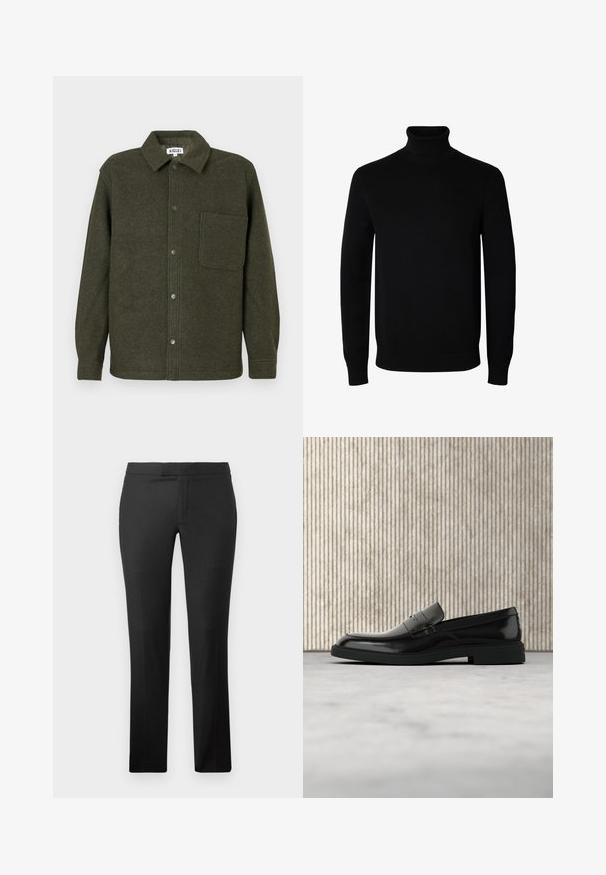 Grøn uldskjortejakke med krave, frontknaplukning, enkelt brystlomme og lange ærmer. Glat, struktureret overflade.; Sort langærmet rullekrave sweater med rib manchetter og kant, vist på en ensartet hvid baggrund.; Sorte lige bukser lavet af glat stof, med flad front, ingen synlige lommer og et rent talje-design.; Sort poleret læderloafer flydende over beige tæppe med orange gennemsigtigt møbel i baggrunden.