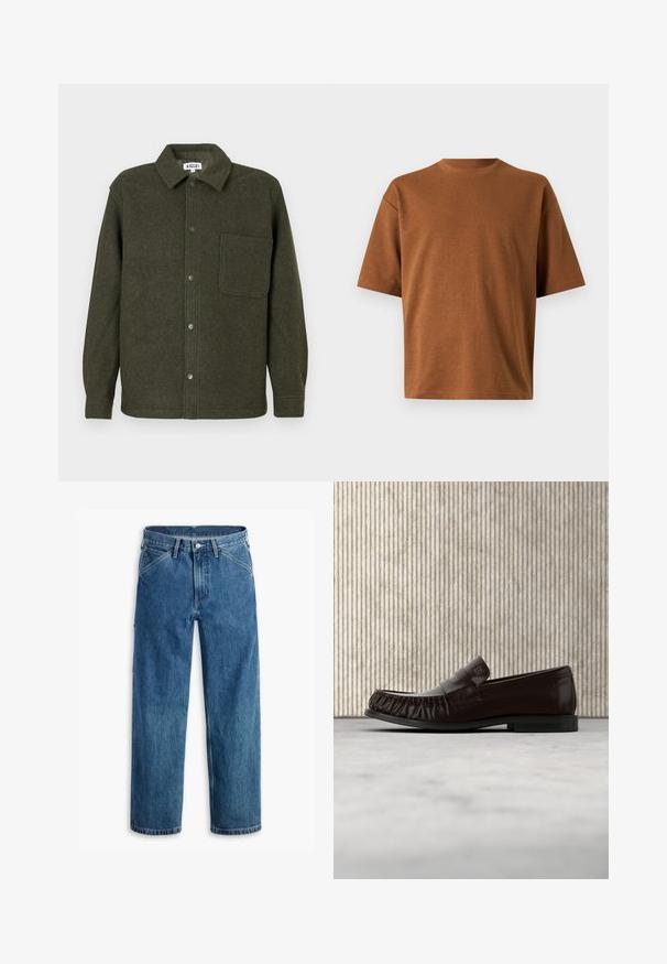 Groene wollen hemdjas met een kraag, voor sluiting met knopen, enkele borstzak en lange mouwen. Gladde, gestructureerde afwerking.; Bruine t-shirt met korte mouwen en een ronde hals, losse pasvorm en gladde stoftextuur, getoond tegen een effen lichtgrijze achtergrond.; Blauwe denim jeans met rechte pijpen, voorzakken, riemlussen, metalen knoop en rits aan de voorkant, op een witte achtergrond.; Donkerbruine leren loafer met gestikte details, zwevend boven een beige tapijt, met op de achtergrond een glanzende amberkleurige ronde tafel.