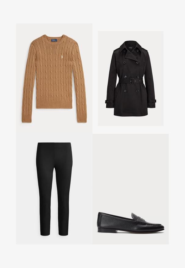 Sort dobbeltradet trenchcoat med bred krave, bælte i taljen, knapmanchetter og sidelommer, forfra på ensfarvet baggrund.; Camelfarvet kabelstrikket sweater med lange ærmer, ribstrikkede manchetter og kant. Har en lille broderet logo på brystet.; Svarte, elastiske leggings med en glat tekstur og et slankt fit-design. Ingen synlige sømme eller mønstre. Fuld længde med elastisk taljebånd.; Sorte læder loafers med struktureret finish, der har en dekorativ rem og flad hæl. Slank, minimalistisk design med rund tå.