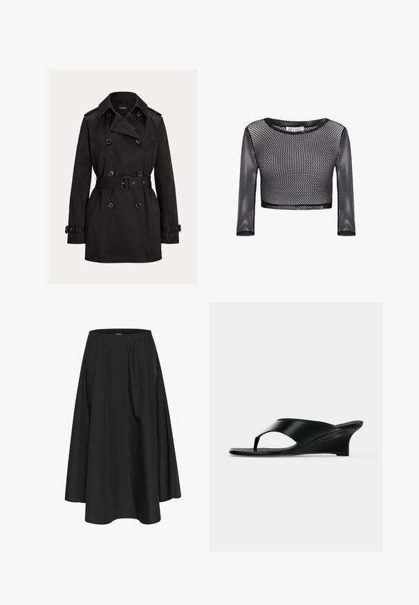 Zwarte double-breasted trenchcoat met brede kraag, riem in de taille, knoopmanchetten en zijzakken, voorkant op een effen achtergrond.; Zwart cropped lange-mouwen top van mesh met een ronde halslijn en een klein diamantvormig opengebreid patroon overal.; Zwarte knielange rok met een elastische tailleband, voorzien van plooien voor volume en een soepele textuur. Eenvoudig, klassiek ontwerp zonder versieringen.; Zwarte leren sleehak sandaal met teenriempje en open teen, met een lage gebogen hak en strak minimalistisch ontwerp.
