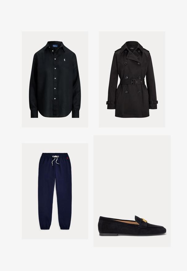 Trench-coat noir à double boutonnage avec large col, ceinture à la taille, poignets boutonnés et poches latérales, vue de face sur fond uni.; Chemise noire à manches longues avec col, boutons blancs et petit logo Polo Ralph Lauren blanc brodé sur le côté gauche de la poitrine.; Pantalon de survêtement bleu marine en mélange de coton doux. Doté d'une ceinture élastique avec un cordon de serrage blanc et de poignets côtelés. Petite broderie de logo.; Mocassin plat en daim noir avec petit talon et boucle décorative dorée sur le dessus, vue latérale sur fond uni clair.