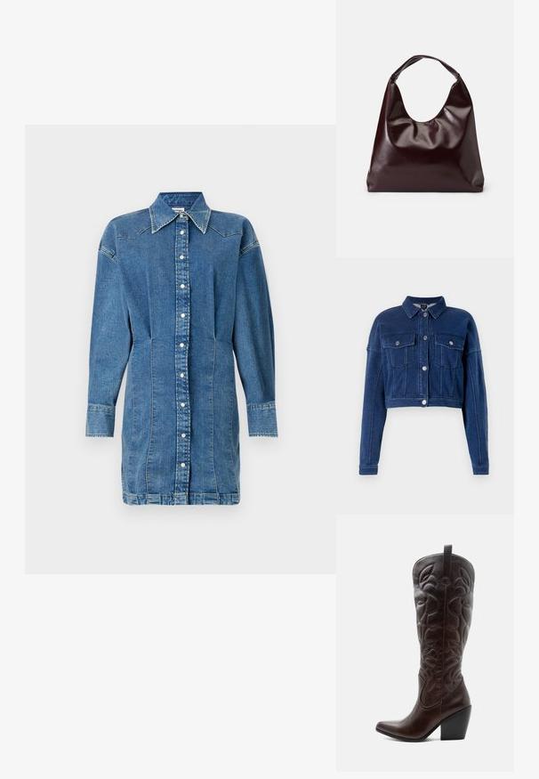 Korte, donkerblauwe spijkerjack met een knoopsluiting aan de voorkant, twee borstzakken en klassieke kraag. Voorzien van zilverkleurige hardware en gestikte details.; Denim shirt jurk, lichtblauw, lange mouwen, knoopsluiting aan de voorkant, puntige kraag, zijnaad met lichte rimpeling en gestikte details.; Lange donkerbruine leren cowboylaars met gestikte decoratieve patronen, spitse neus en gestapelde blokhak.; Bordeaux, glanzende vegan leren totebag met een zachte, sculpturale vorm en een brede, gebogen handgreep voor makkelijk dragen.