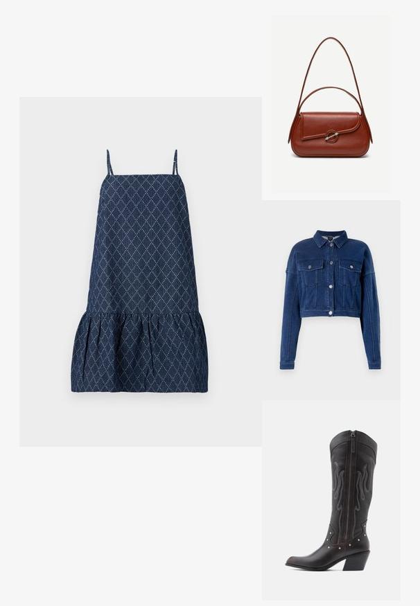 Afkortet, mørkeblå denimjakke med knaplukning foran, to brystlommer og klassisk krave. Udstyret med sølvhardware og syede detaljer.; Marineblå kjole med justerbare spaghettistropper, diamantmønster, samlet bundkant og struktureret stof.; Brune læder cowboystøvler med flammebroderi, sidelukning med lynlås, sølvnitter, spids snude og lagdelt hæl.; Brun skuldertaske i læder med afrundet rektangulær form, asymmetrisk klap, sølvfarvet rund lukning og to tynde stropper.