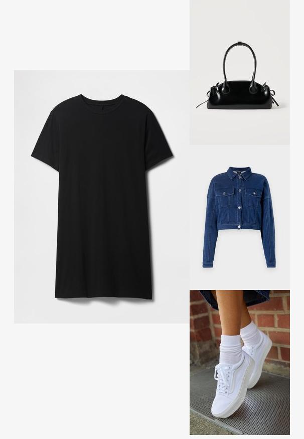 Afkortet, mørkeblå denimjakke med knaplukning foran, to brystlommer og klassisk krave. Udstyret med sølvhardware og syede detaljer.; Sort kortærmet t-shirt lavet af bomuld, med klassisk rund halsudskæring og en lige kant, med en glat, mat tekstur.; Hvide lærreds sneakers med gummisåler, der har seks snørehuller, rund tå og let sømdetaljer, krydret med hvide ankelstrømper.; Lille sort blank håndtaske med to lange håndtag og snøre-detaljer i siden på en ensfarvet lys baggrund.