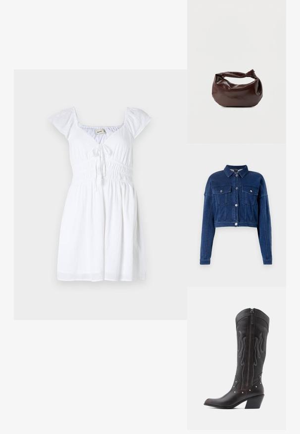 Gekürzte, dunkelblaue Jeansjacke mit Knopfverschluss an der Vorderseite, zwei Brusttaschen und klassischem Kragen. Besitzt silberne Hardware und genähte Details.; Weißes Kleid mit kurzen, puffierten Ärmeln, V-Ausschnitt und gesmoktem Bund, mit einer Bindegarnitur vorne und einem fließenden Rock.; Braune Cowboy-Stiefel aus Leder mit Flammenstickerei, seitlichem Reißverschluss, silbernen Nieten, spitzer Zehenpartie und geschichtetem Absatz.; Dunkelbraune Lederschultertasche mit weicher, lockerer Form und einem gedrehten Knotengriff vor schlichtem weißem Hintergrund.
