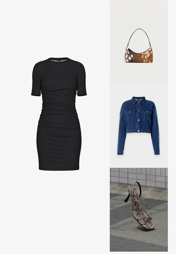 Gekürzte, dunkelblaue Jeansjacke mit Knopfverschluss an der Vorderseite, zwei Brusttaschen und klassischem Kragen. Besitzt silberne Hardware und genähte Details.; Schwarzes Bodycon-Kleid aus dehnbarem Stoff, mit kurzen Ärmeln, runder Halslinie und gerafften Seitendetails für zusätzliche Textur.; High-Heel-Sandale mit Schlangenledermuster und dünnen Riemen, stehend auf Asphalt in der Nähe eines gepflasterten Gehwegs.; Schultertasche mit braun-weiß geflecktem Kunstpelz und einem dünnen schwarzen Riemen, dargestellt vor weißem Hintergrund.