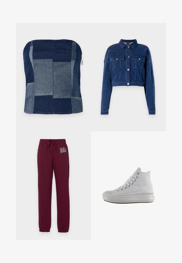 Veste en jean bleu foncé coupée, avec un devant à boutons, deux poches poitrine et un col classique. Présente des accessoires en métal argenté et des détails cousus.; Top en denim sans bretelles marine, avec un design en patchwork de teintes variées, une texture lisse et un détail de fermeture éclair sur le côté.; Gap Tall HERITAGE - Pantalon de survêtement - ruby wine; Baskets montantes en toile blanche avec lacets blancs, œillets métalliques, semelle épaisse en caoutchouc et bout texturé, orientées vers la gauche sur fond blanc.