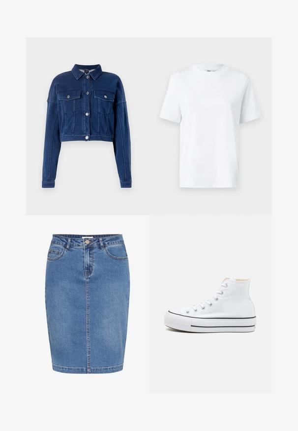 Korte, donkerblauwe spijkerjack met een knoopsluiting aan de voorkant, twee borstzakken en klassieke kraag. Voorzien van zilverkleurige hardware en gestikte details.; Witte katoenen T-shirt met ronde hals, korte mouwen en een gladde textuur. Ontworpen met een comfortabele en veelzijdige relaxte pasvorm.; Denim rok in lichtblauw met een aansluitend ontwerp, sluiting met knopen aan de voorkant, vijf zakken en contrasterende stiksels langs de naden.; Witte hoge sneakers van canvasmateriaal, zwarte rubberen zool en contrasterende zwarte streep op de tussenzool. Circulaire neus en vetersluiting.
