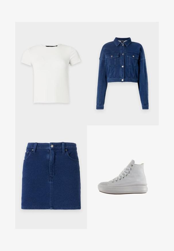 Veste en jean bleu foncé coupée, avec un devant à boutons, deux poches poitrine et un col classique. Présente des accessoires en métal argenté et des détails cousus.; T-shirt blanc à manches courtes en maille côtelée avec col rond, présenté sur un fond uni gris clair.; Jupe en denim bleu profond au design ajusté, fermeture par boutons à l'avant et deux poches sur les côtés. Présente des coutures visibles et un ourlet droit.; Baskets montantes en toile blanche avec lacets blancs, œillets métalliques, semelle épaisse en caoutchouc et bout texturé, orientées vers la gauche sur fond blanc.