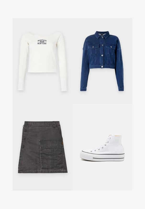 Korte, donkerblauwe spijkerjack met een knoopsluiting aan de voorkant, twee borstzakken en klassieke kraag. Voorzien van zilverkleurige hardware en gestikte details.; Witte lange mouwen crop top gemaakt van zachte stof, met een wijde halslijn en een marineblauw print "Montauk 1975 New York" op de voorkant.; Grijze rok van gestructureerde stof met een voorste knoopsluiting en een zijzak. Heeft een subtiele versleten uitstraling en gestikte details.; Witte hoge sneakers van canvasmateriaal, zwarte rubberen zool en contrasterende zwarte streep op de tussenzool. Circulaire neus en vetersluiting.
