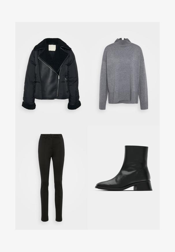 Veste noire matelassée avec col et poignets en fausse fourrure, présentant un panneau avant en cuir et une fermeture éclair diagonale.; ONLY Tall ONLCOCO LIFE HIGH NECK - Pullover - medium grey melange; Pantalon noir ajusté en tissu lisse. Comprend une fermeture à bouton, des passants pour ceinture et des coutures frontales nettes. Coupe fuselée au niveau des jambes.; Bottine noire en cuir brillant, au design épuré, avec un bout pointu et un petit talon bloc pour plus de stabilité.