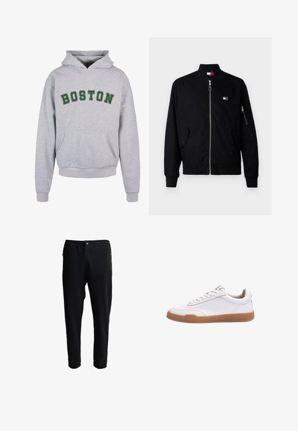 Sort zip-up bomberjakke med ribbede kanter og manchetter, der har sidelommer og et mærketikett på brystet. Glat stoftekstur.; Grå hættetrøje med en frontlomme, prydet med "BOSTON" i mørkegrønne buede bogstaver på brystet. Klassisk design med snoretræk til hætten.; Sorte joggerbukser med elastisk talje, sidelommer med lynlås og tætsiddende ben. Fremstillet af blødt stof med en glat overflade.; Hvid lædersneaker med gummisål, snørebånd foran, lavt design og subtile syningsdetaljer, vist fra siden på en hvid baggrund.