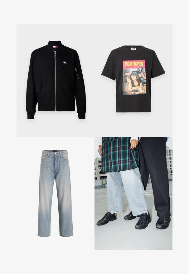 Sort zip-up bomberjakke med ribbede kanter og manchetter, der har sidelommer og et mærketikett på brystet. Glat stoftekstur.; Sort T-shirt med et grafik af en kvinde liggende på en seng, der holder en cigaret, en pistol på sengen, og teksten "PULP FICTION" ovenover.; Lys blå denimjeans med lige ben design, falmet udseende, fem lommer og en knappelukning i taljen.; Sorte atletik sko med mesh- og gummidetaljer. Båret med lysegrå vide jeans og en ternet grøn bluse. Flad overflade i baggrunden.