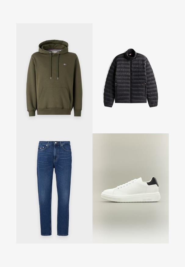 Zwarte doorgestikte donsjas met opstaande kraag, ritssluiting aan de voorkant, ritssluitingen aan de zijzakken en een klein rood, wit en blauw logo op de borst.; Olijfgroene hoodie van katoenmix, met een voorzak, verstelbare koordjes en een klein logo op de borst.; Donkerblauwe denim jeans met een recht model, vijf zakken en een knoopsluiting. Bevat subtiele vervaging en een logo-label op de voorzak.; Witte lage sneaker met dikke zool, veters aan de voorkant en een zwart hielstuk, gebrandmerkt met "Steve Madden" op de zijkant van de zool.