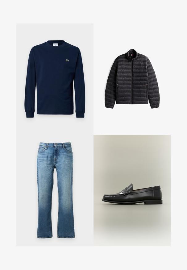 Zwarte doorgestikte donsjas met opstaande kraag, ritssluiting aan de voorkant, ritssluitingen aan de zijzakken en een klein rood, wit en blauw logo op de borst.; Marineblauw langemouwen t-shirt van katoen, met een ronde hals en een klein groen krokodil logo op de linkerborst.; Lichtblauwe denim jeans met een rechte broekspijp, voorzien van een vervaagd uiterlijk, vijf zakken en een knoopsluiting met metalen hardware.; Zwarte leren herenslipper met moc-toe ontwerp, pennestrook en lage hak op een neutrale achtergrond.