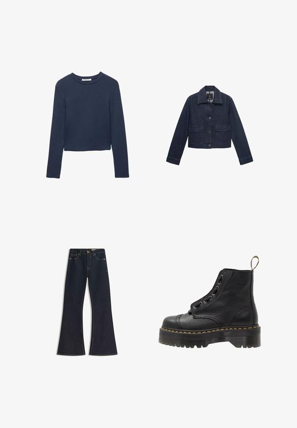 Donkerblauwe spijkerjas met een kraag, sluiting met knopen aan de voorkant en twee opgestikte zakken op de borst. Beschikt over lange mouwen met knoop manchetten.; Donkerblauw langemouwen cropped shirt met ronde hals, plat weergegeven op een witte achtergrond.; Donkere denim jeans met uitlopende pijpen, voorzien van een hoge taille, contrasterende stiknaden, knoopsluiting en vier zakken. De pijpen worden wijder bij de zoom.; Zwarte leren enkelboot met een gestructureerd oppervlak, ronde neus, vetersluiting, gele stiksels en een dikke, geribbelde zwarte plateauzool.