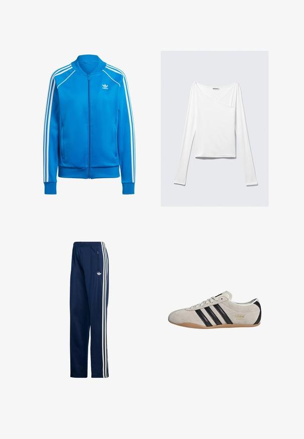 Blauwe zip-up jack van gladde stof. Beschikt over witte drie-stripes op de mouwen, ribgebreide manchetten en een ronde hals. Geen zichtbare zakken.; Witte long-sleeve top met een crossover ontwerp en een zak. Gemaakt van een gladde, rekbare stof. Geknipt in een casual, relaxte pasvorm.; Marineblauwe sportbroek gemaakt van een gladde, lichtgewicht stof, met drie witte zijstrepen en een zijzak met rits.; Suède sneaker met een grijze bovenkant, zwarte strepen en een gumrubberen zool. Kenmerkt een vetersluiting en een gouden logo-detail aan de zijkant.