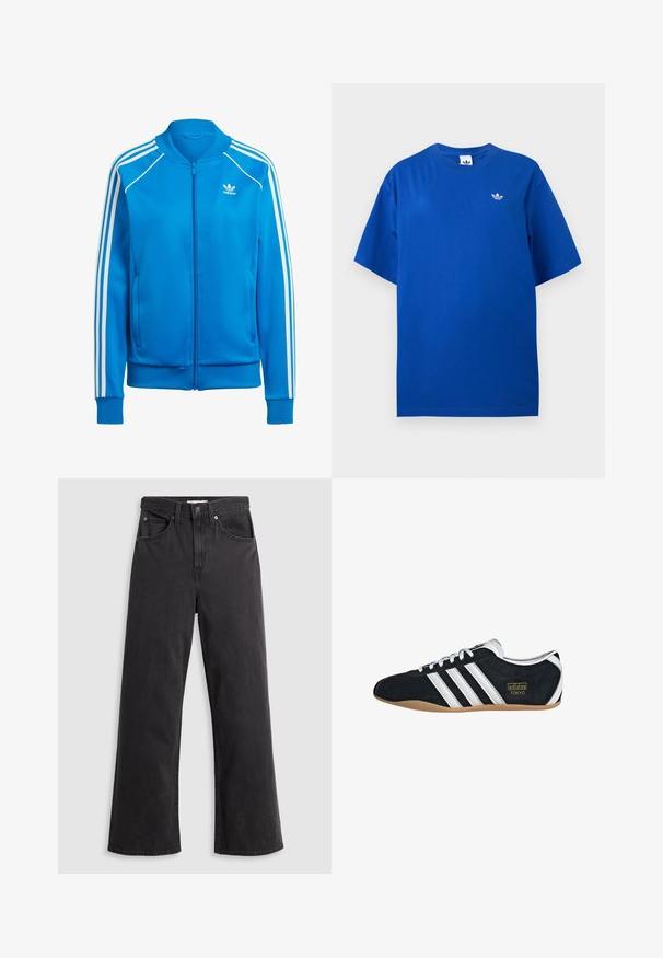 Chaqueta azul con cremallera fabricada en tela suave. Presenta tres franjas blancas en las mangas, puños acanalados y un cuello redondo. No tiene bolsillos visibles.; Camiseta Adidas azul de manga corta con cuello redondo y pequeño logo blanco de trébol Adidas en el pecho izquierdo.; Jeans de mezclilla negra de pierna ancha con cintura alta, cinco bolsillos y cierre de botón metálico. La tela tiene una textura suave y ligeramente desvaída.; Zapatillas de ante negro con tres franjas blancas, logotipo dorado y suela de goma marrón. Presentan un diseño de cordones de perfil bajo.