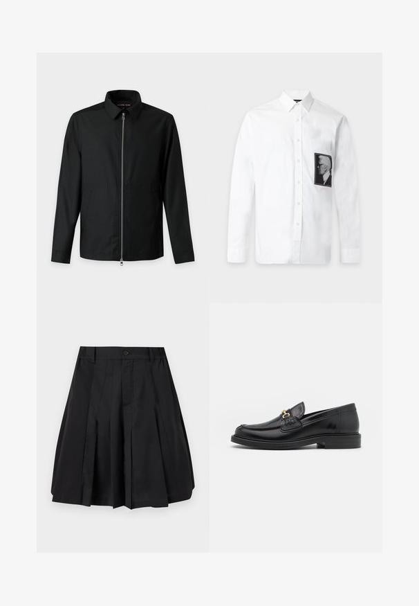 Veste noire décontractée à manches longues avec col et fermeture éclair métallique complète à l'avant, deux poches latérales et un ourlet droit.; Chemise blanche à manches longues boutonnée avec un col classique et un patch portrait de profil noir et blanc sur le côté gauche de la poitrine.; Jupe plissée noire longueur genou avec bouton sur le devant et passants de ceinture à la taille, sur fond blanc.; Mocassins en cuir noir avec un embout rond, présentant des accents en métal doré et des détails de couture, montés sur une semelle en caoutchouc texturé et basse.