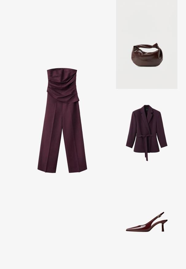 Blazer violet foncé ajusté avec manches longues, col à revers cranté, fermeture par un bouton unique et ceinture assortie en tissu nouée à la taille.; Combinaison prune sans bretelles avec un corsage froncé et plié et un pantalon à jambes larges, présentée sur fond blanc.; Pompe slingback en cuir verni bordeaux avec un bout pointu, un talon kitten de hauteur moyenne et une sangle à boucle en argent sur fond blanc.; Sac bandoulière en cuir marron foncé avec une forme souple et décontractée et une anse nouée torsadée sur un fond blanc uni.
