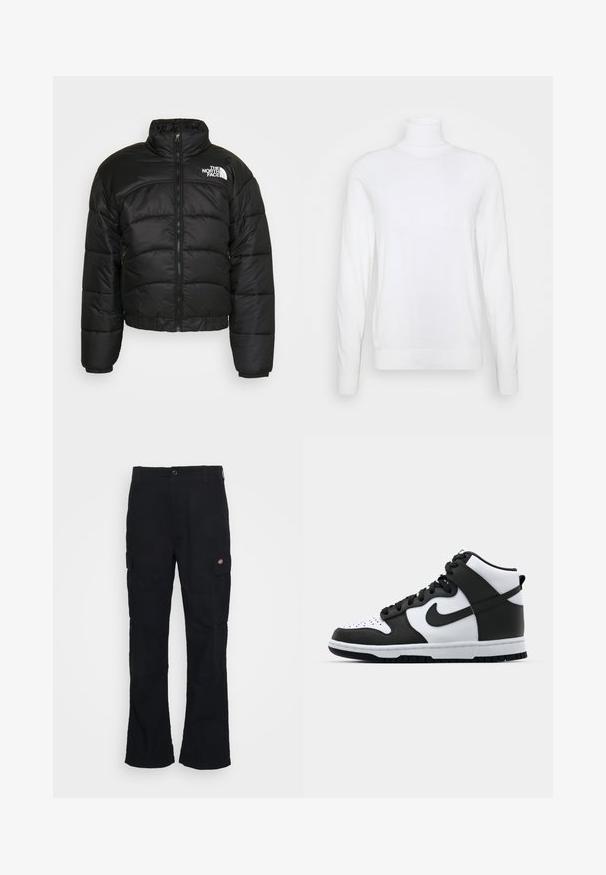 Black puffer jacket with a zip closure, high collar, and elastic cuffs. Features stitched panels and a logo on the left shoulder.; White turtleneck sweater with long sleeves, made of smooth fabric. Features a fitted design and ribbed cuffs and hem. No patterns or accents.; Black cargo pants with a straight leg design, made from durable fabric, featuring side pockets and a patch logo on the left side.; Black and white high-top sneaker with leather upper, perforated toe box, prominent swoosh logo, and textured rubber sole.