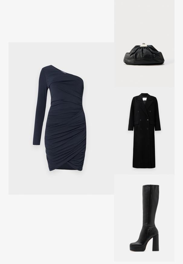 Manteau en laine noir avec un design croisé, grands revers crantés, poches avant et six boutons assortis. Coupe longue et droite.; Robe bleu marine foncé avec une manche longue, présentant un tissu froncé et un design drapé, créant une apparence texturée dans l'ensemble.; Bottes noires montantes en cuir lisse avec une finition texturée, dotées d'un talon bloc haut et d'un design à bout rond.; Pochette en cuir noir avec une texture plissée, fermeture à fermoir métallique, et logo embossé discret sur le devant. Forme arrondie.