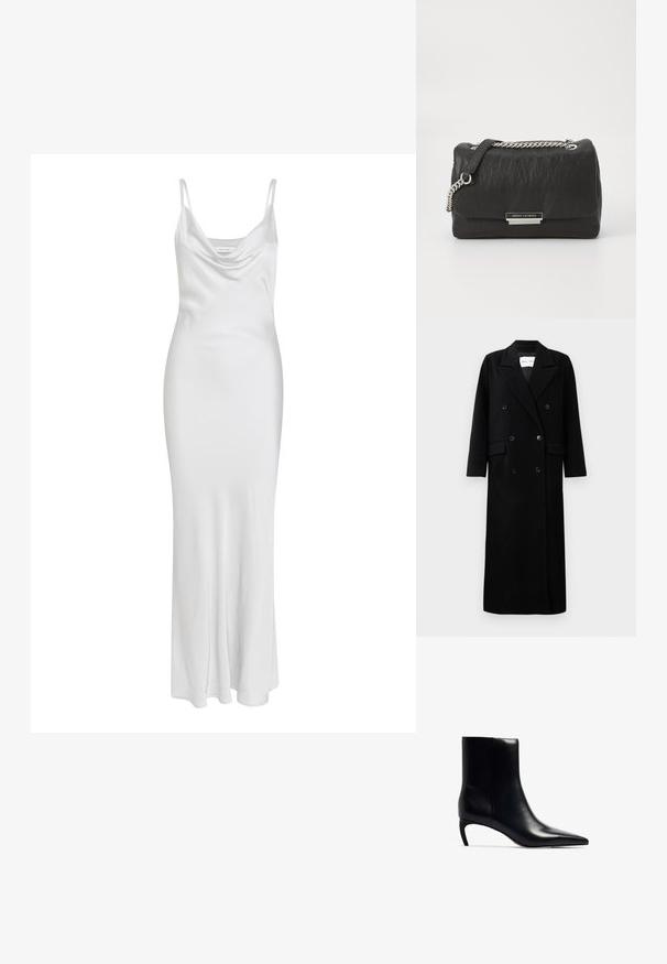 Zwarte wollen jas met een dubbelgebreid ontwerp, grote notch-lapels, voorzakken en zes bijpassende knopen. Lange, rechte snit.; Witte spaghettibandjurk met een cowl halslijn, een getailleerd silhouet en een zachte, gladde textuur. Vloerlange jurk zonder zichtbare patronen of accessoires.; Zwarte leren enkellaars met een puntenneus en een kleine, slanke hak. Gladde textuur met een gestroomlijnd, minimalistisch ontwerp.; Zwarte leren handtas met een gestructureerde afwerking, kettingriem en zilveren hardware. Heeft een rechthoekige vorm en een logoaccent aan de voorkant.