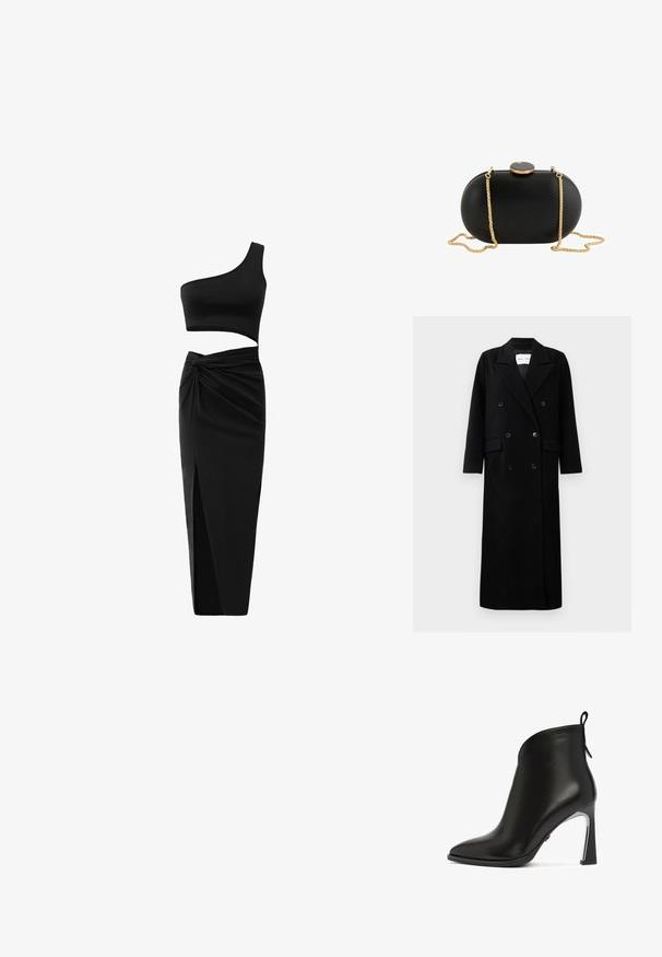 Zwarte wollen jas met een dubbelgebreid ontwerp, grote notch-lapels, voorzakken en zes bijpassende knopen. Lange, rechte snit.; Zwart twee-delig outfit met een één-schouder crop top en hoge taille rok met een gedraaide detail en een zijsplit. Glad materiaal.; Zwarte leren enkellaars met een spitste neus, gebogen bovenkant en een metalen hak. Voorzien van een trekstrip aan de achterkant.; Zwarte ovale clutch met een glad oppervlak, gouden kettingriem en een ronde zwart-met-gouden sluiting bovenaan tegen een witte achtergrond.