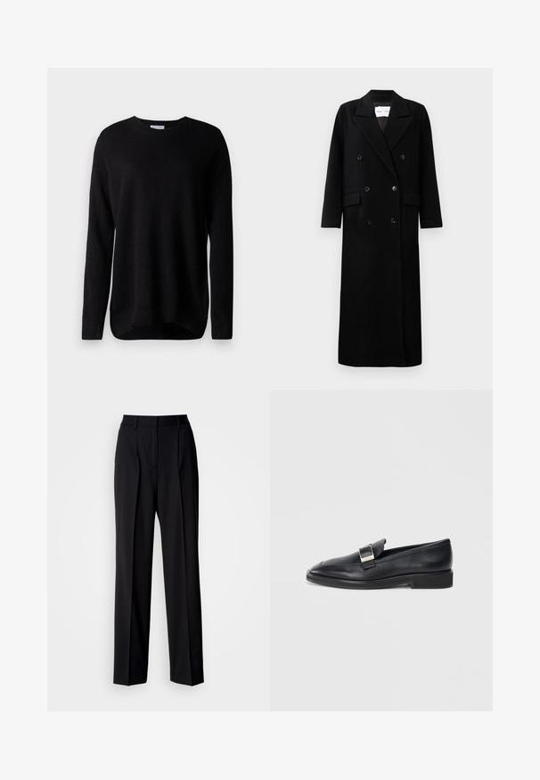 Schwarzer Wollmantel mit einem doppelt knöpfbaren Design, großen eingekerbten Revers, frontalen Taschen und sechs passenden Knöpfen. Langer, gerader Schnitt.; Schwarzer Pullover aus weicher Baumwolle, mit langen Ärmeln, runder Ausschnitt und gerippten Bündchen. Einfaches Design, ohne Muster oder Akzente.; Schwarze, maßgeschneiderte Hose mit hoher Taille, Falten und weitem Bein. Hergestellt aus glattem Stoff, mit flacher Front und Gürtelschlaufen.; Schwarze Lederloafer mit einer silbernen rechteckigen Schnalle oben und einem niedrigen Absatz vor weißem Hintergrund.