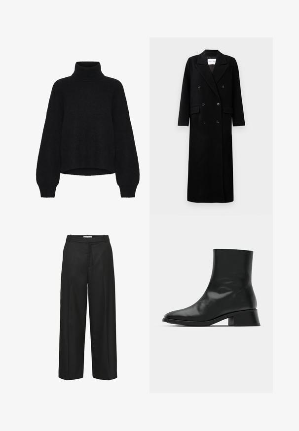 Sort uldfrakke med dobbeltradet design, store afdækkede revers, forlommer og seks matchende knapper. Lang, lige pasform.; Sort turtleneck sweater med et cropped design, lavet af fluffy stof. Har brede ærmer og en ribbet tekstur ved kraven.; Sorte bukser med vide ben og en glat tekstur, der har en flad front, bæltestropper og ingen synlige pynt. Skræddersyet til en løs pasform.; Sort ankelstøvle lavet af blank læder, med et strømlinet design, spids tå og en moderat blokhælhøjde for stabilitet.