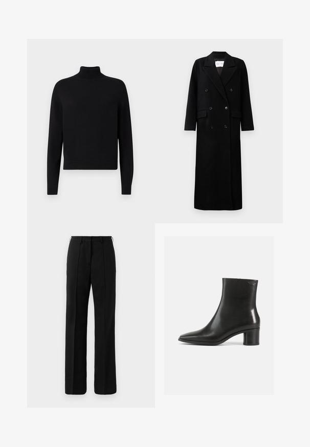 Manteau en laine noir avec un design croisé, grands revers crantés, poches avant et six boutons assortis. Coupe longue et droite.; Pull en col roulé noir avec des manches longues, des poignets côtelés et un ourlet ajusté. Texture douce, design simple et couleur unie sans motifs.; Pantalons droits noirs sur mesure avec passants de ceinture et pli sur le devant, présentés sur un fond neutre.; Bottine en cuir noir avec un bout pointu et un talon bloc de hauteur moyenne. Texture lisse et design minimaliste. Pas de ferrures visibles.