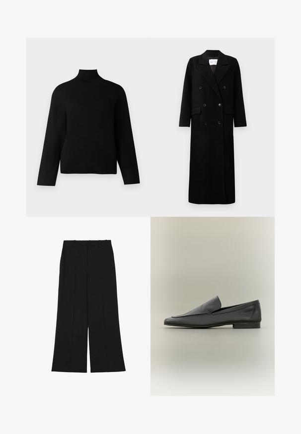 Sort uldfrakke med dobbeltradet design, store afdækkede revers, forlommer og seks matchende knapper. Lang, lige pasform.; Sort turtleneck trøje lavet af blødt strikstof, der har lange ærmer og en afslappet pasform. Glat tekstur uden synlige mønstre eller accenter.; Sorte bukser med vide ben lavet af et glat stof. De har høj talje, dobbelt forreste læg og bæltestropper. Ingen synlige lommer eller pynt.; Sorte læder loafers med en glat overflade, spids tå og minimalistisk design. Lav stablet hæl og subtile syninger.