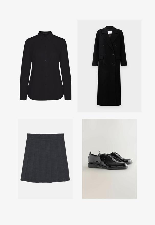 Zwarte wollen jas met een dubbelgebreid ontwerp, grote notch-lapels, voorzakken en zes bijpassende knopen. Lange, rechte snit.; Zwarte lange mouw shirt van gladde stof, met een kraag, knopen aan de voorkant en een rechte zoom.; Donkergrijze plisséstofrok met een elastische tailleband, gekenmerkt door een gestructureerde stof en een klassieke A-lijnsilhouet. Geschikt voor casual gebruik.; Zwarte patenten leren oxford schoenen met ronde neuzen, vetersluiting, lage hakken en een gladde reflecterende oppervlakte. Heeft een minimalistische esthetiek.