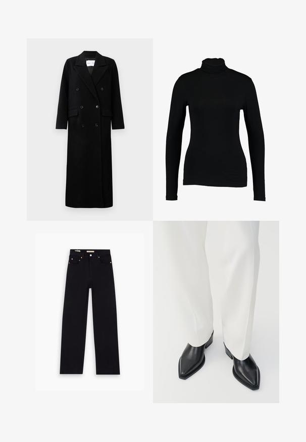 Schwarzer Wollmantel mit einem doppelt knöpfbaren Design, großen eingekerbten Revers, frontalen Taschen und sechs passenden Knöpfen. Langer, gerader Schnitt.; Schwarzes Langarm-Turtleneck-Top aus glattem Stoff, mit taillierter Passform und hohem Kragen, geeignet zum Layering oder als eigenständiges Kleidungsstück.; Schwarze Denim-Jeans mit geradem Schnitt, fünf Taschen, Kupferbeschlägen und einer glatten Textur. Zwei Etiketten sind am Bund sichtbar.; Schwarze spitz zulaufende Stiefeletten aus glattem Leder mit flachen Blockabsätzen, kombiniert mit weißen, weiten Hosen. Schlichtes und modernes Design.