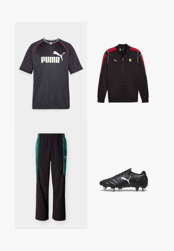 Chaqueta negra con cremallera y acentos rojos, costuras blancas y logo de Puma; presenta el emblema de Ferrari en el pecho y dos bolsillos laterales.; Camiseta deportiva negra de Puma con mangas cortas, logo blanco, acentos rojos en los hombros y cuello en forma de V. Fabricada con material ligero.; Pantalones deportivos negros con paneles laterales verdes con estampado y una cintura elástica, con un logo blanco de Puma en el lado derecho.; Botas de fútbol negras con material texturizado, logo blanco de Puma, sistema de cierre con cordones y tacos de metal para mejorar la tracción. El diseño enfatiza el rendimiento y el soporte.