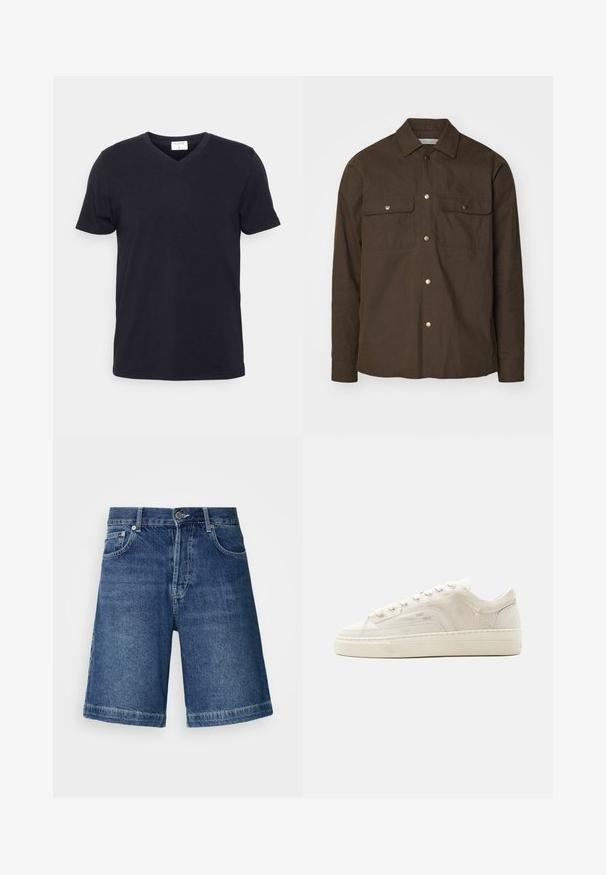 Braune Baumwollhemdjacke mit spitzem Kragen, Knopfverschluss und zwei Brusttaschen. Verfügt über goldfarbene Druckknöpfe und lange Ärmel.; Schwarzes V-Ausschnitt-T-Shirt aus Baumwolle, mit kurzen Ärmeln und lockerer Passform. Einfaches Design, keine Muster oder zusätzlichen Akzente.; Dunkelblaue Denim-Shorts mit geradem Schnitt, fünf Taschen und gesticktem Saum. Enthält einen Frontknopf und einen Reißverschluss.; Weißer Sneaker mit niedrigem Schaft, Schnürung, strukturiertem Stoffobermaterial und dicker Gummisohle, von der Außenseite auf einfachem Hintergrund gezeigt.