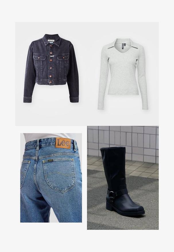 Beskaaret sort denimjakke med knaplukning foran, to brystlommer og kontrasterende syninger. Har en klassisk krave og holdbart stof.; Lys grå langærmet V-hals bluse med krave, lavet af blødt, struktureret stof, der har en tætsiddende pasform og minimal detaljer.; Blå denimbukser med baglommer med gule syninger og et brunt lædermærke med Lee-brand på linningen.; Sort læderstøvle midt på læggen med lav blokhæle og en dekorativ rem med metal spænde rundt om anklen, på en flisebelagt fortov.