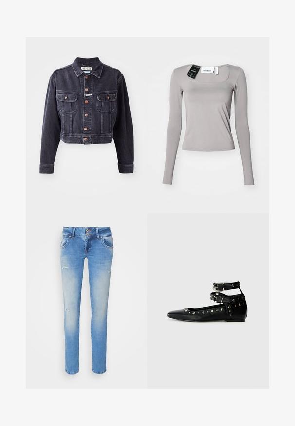 Beskaaret sort denimjakke med knaplukning foran, to brystlommer og kontrasterende syninger. Har en klassisk krave og holdbart stof.; Langærmet skjorte i lys grå, med firkantet udskæring, slim fit og glat stof. Indeholder mærker fastgjort ved udskæringen.; Blå denimjeans med slim fit, der har en let slidtage, to frontlommer og mindre slidte detaljer nær knæene.; Replay SABINE DOUBLE - Ballerinasko - black